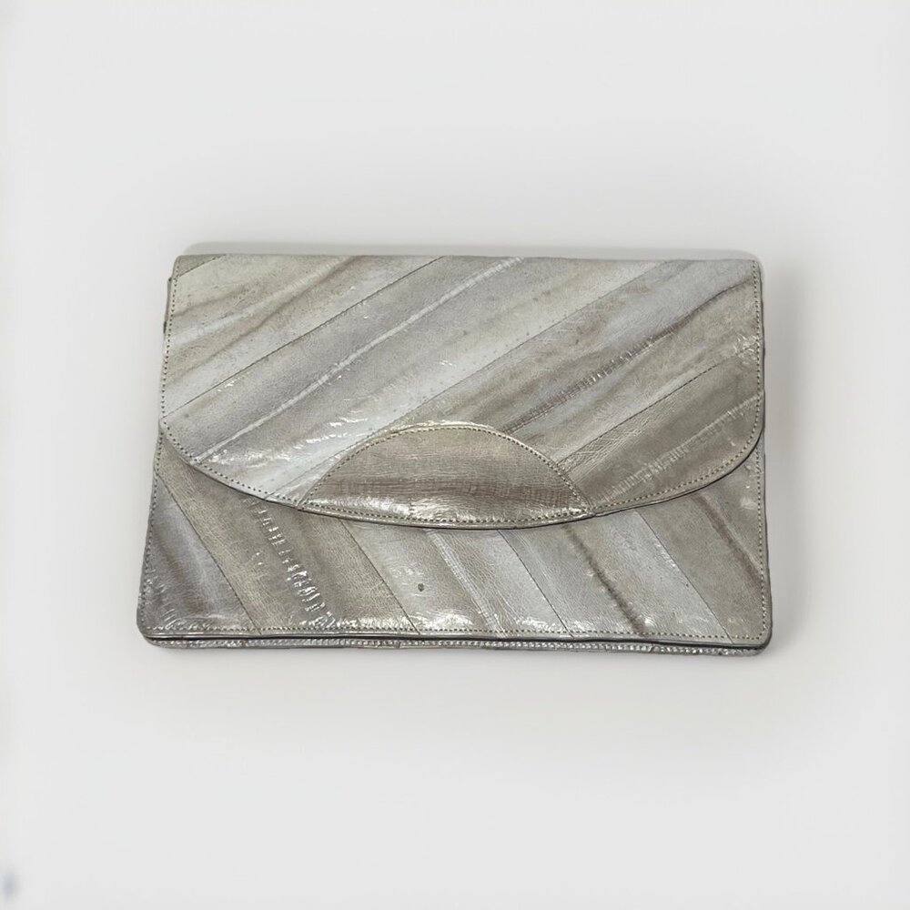 Vintage Eel Skin Purse Clutch Gray and Cream Color 8.5" x 6"